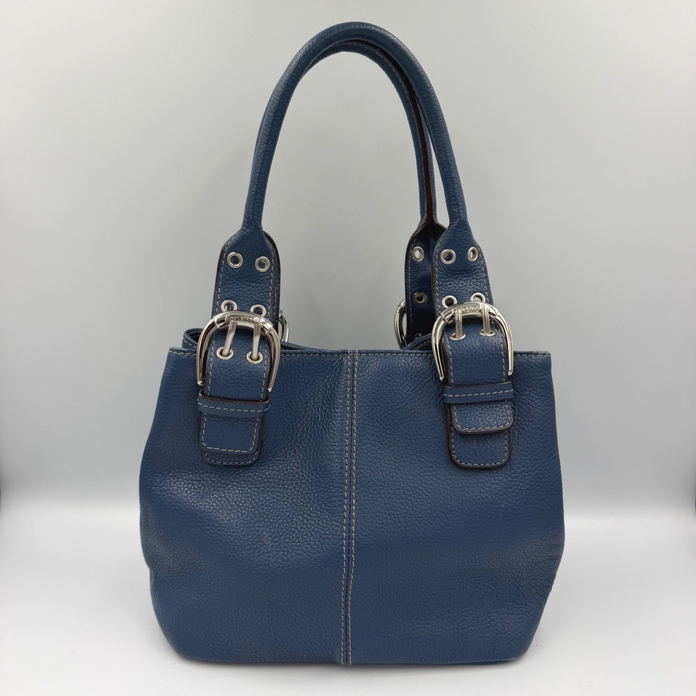 Tignanello Blue Pebbled Leather Buckle Shoulder Bag Handbag Casual Chic